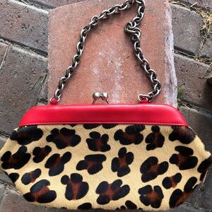 Animal Print Bag Nicole Miller Kiss Lock Closure Calf Skin Pink Beige Black